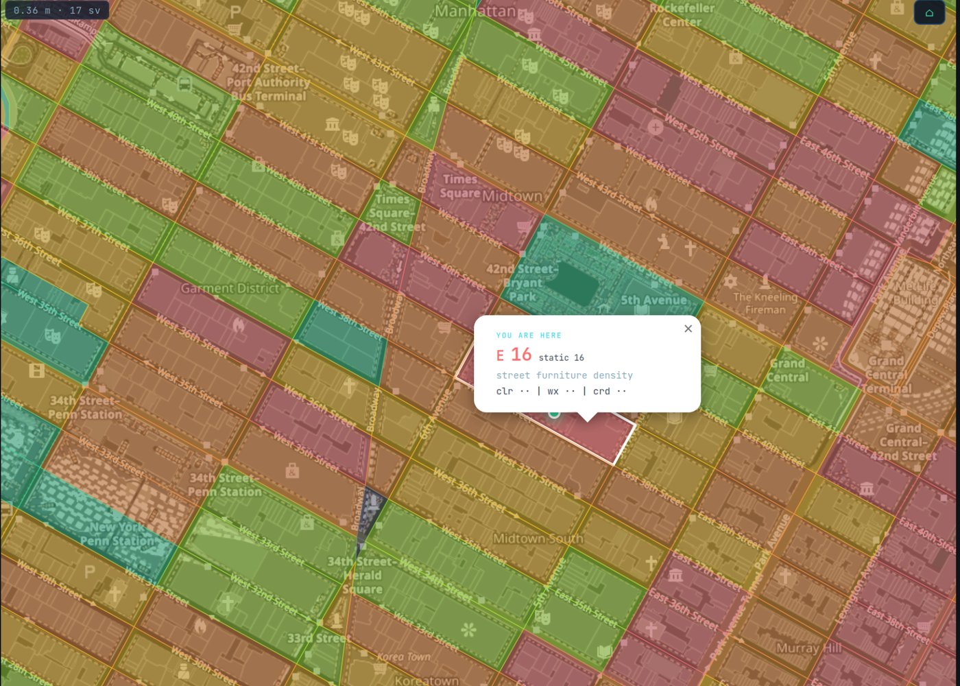 Midtown Manhattan map with blocks color-coded by street conditions and a location marker