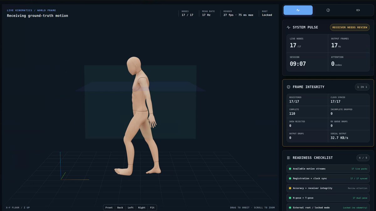Live full-body motion from the capture suit, shown as a 3D figure walking in the dashboard