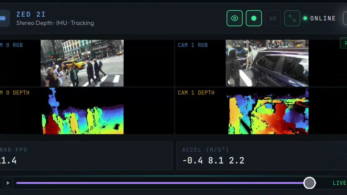 Dashboard panel showing a stereo camera feed beside its colored depth map